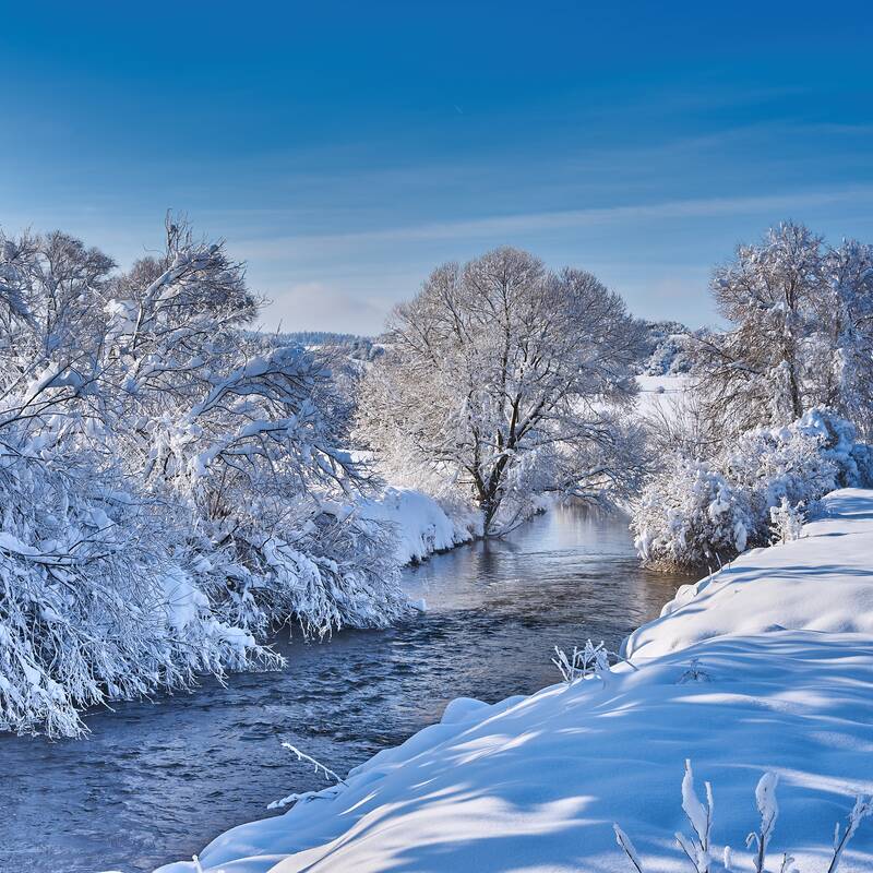 Ein winterlicher Fluss fließt durch eine schneebedeckte Landschaft mit vereisten Bäumen unter strahlend blauem Himmel.