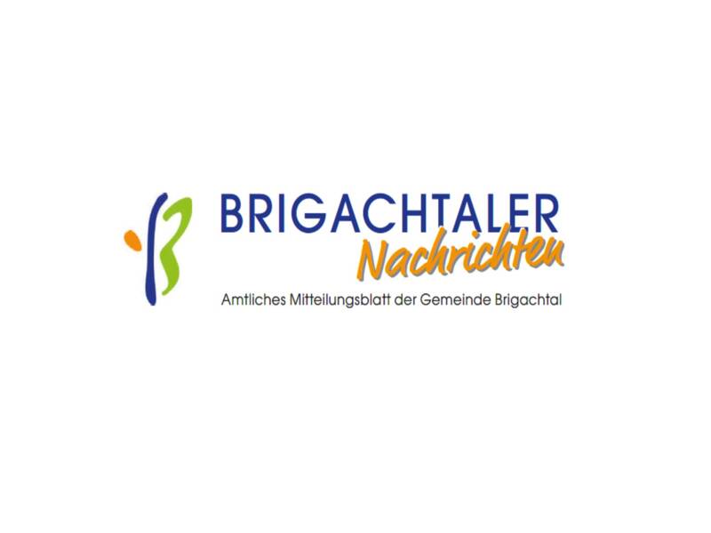 Das Bild zeigt das Logo der "Brigachtaler Nachrichten", dem amtlichen Mitteilungsblatt der Gemeinde Brigachtal, mit einem stilisierten "B" in Orange und Grün links von dem Schriftzug.