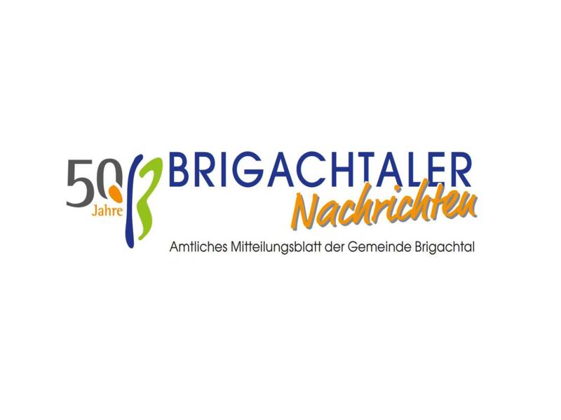 Das Bild zeigt das Logo der "Brigachtaler Nachrichten", dem amtlichen Mitteilungsblatt der Gemeinde Brigachtal, mit einem stilisierten "B" in Orange und Grün links von dem Schriftzug.