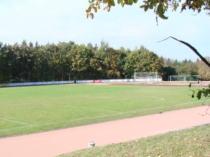 Man sieht einen Sportplatz mit einem Fußballtor und einer großen grünen Wiese. Außenrum ist eine Tartanbahn. 