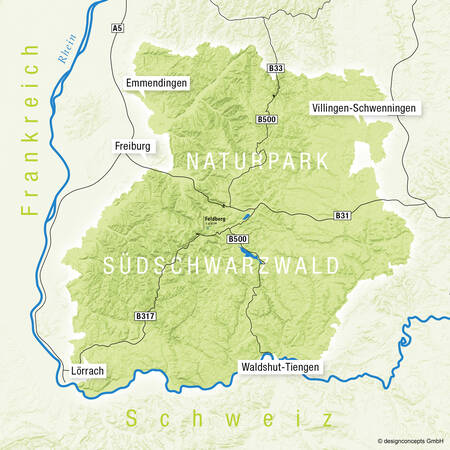 Eine Landkarte mit dem eingezeichneten Bereich des Naturpark Südschwarzwald