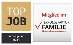 Das Bild zeigt zwei Logos nebeneinander: links das Logo "TOP JOB Arbeitgeber 2023" in Gold und Schwarz und rechts das Logo "Mitglied im ERFOLGSFAKTOR FAMILIE Unternehmensnetzwerk" in Rot, Grau und Schwarz.