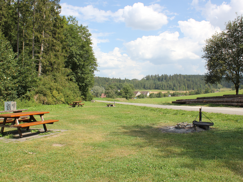 Auf der grünen Wiese stehen Tische und Bänke sowie eine Grillstelle.