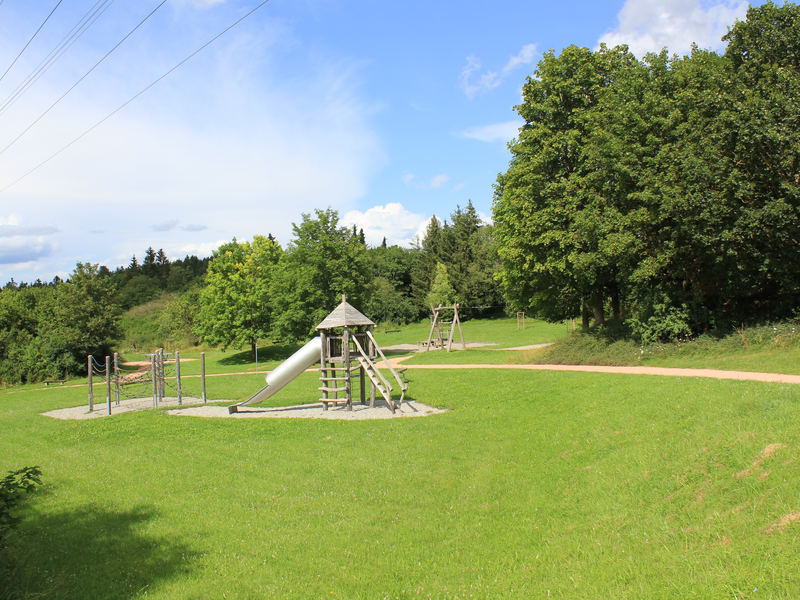 Ein Spielturm mit Rutsche, ein Kletternetz und eine Seilrutsche auf grüner Wiese unter blauem Himmel.