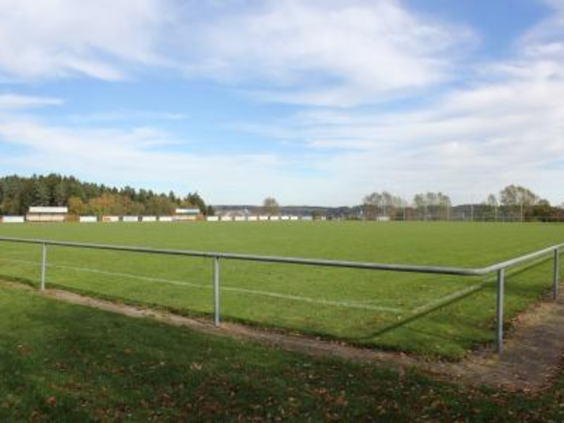 Ansicht eines Fußballrasenplatzes unter blauem Himmel mit Umrandung.