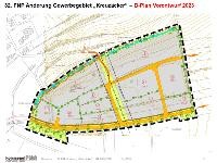 Überschrift des Bildes ist 32. FNP Änderung Gewerbegebiet "Kreuzäcker" und in roter Schrift "B-Plan Vorentwurf 2023". Weißer Hintergrund. Farbig markierte Fläche mit gestrichelter Umrandung.